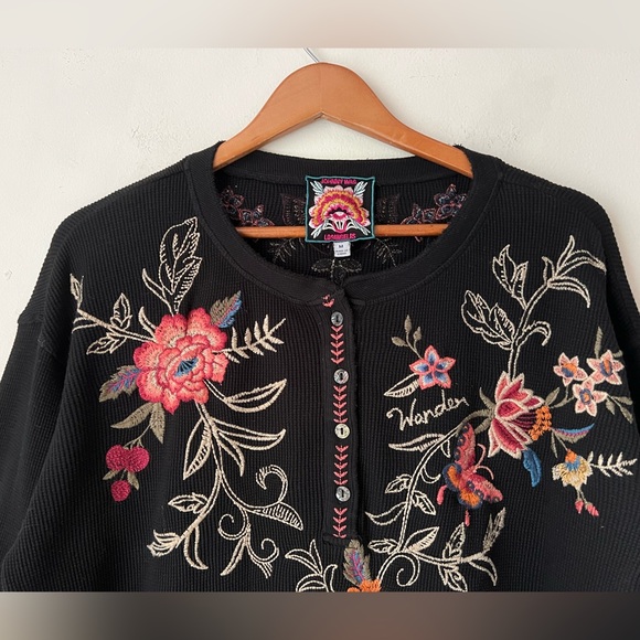 Johnny Was Taline M Floral Heavily Embroidered Thermal Black Cotton Henley Top - Picture 9 of 16